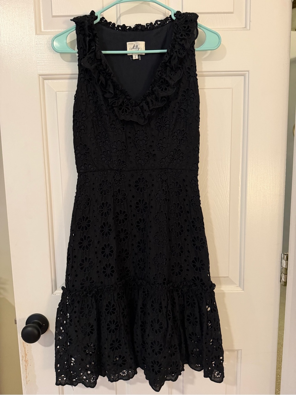 Vintage Milly of New York Black Eyelet V Neck Dress with Signature Label